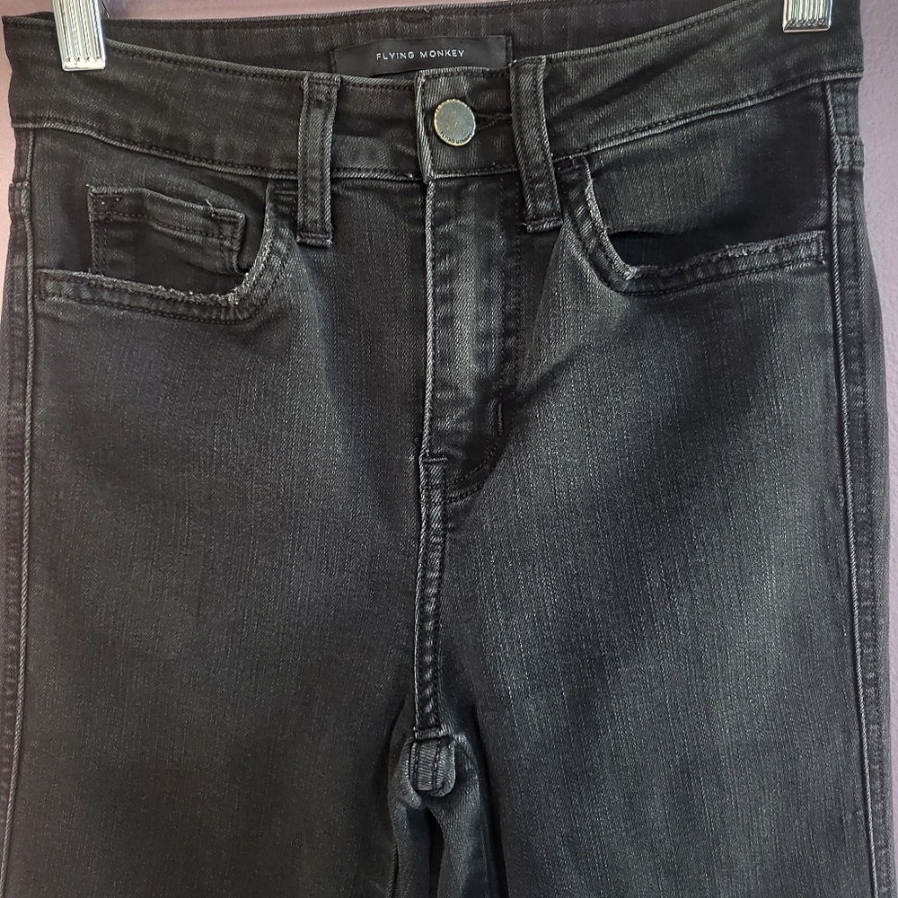 Flying Monkey Washed Black High Rise Distressed Raw Hem Flare Jeans - Picture 3 of 12